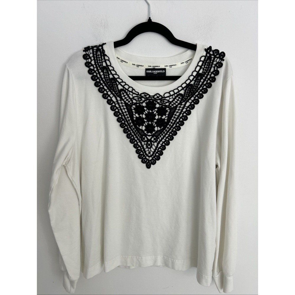 Karl Lagerfeld Paris Women's White Large Sweatshirt Black Crochet Neck Line Soft